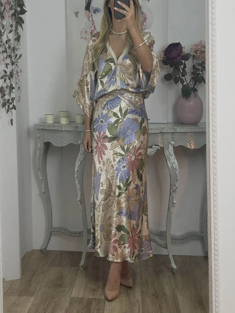 L'LEVANI™ | Ensemble Satiné à Motif Floral Deux Pièces – Silhouette Sirène